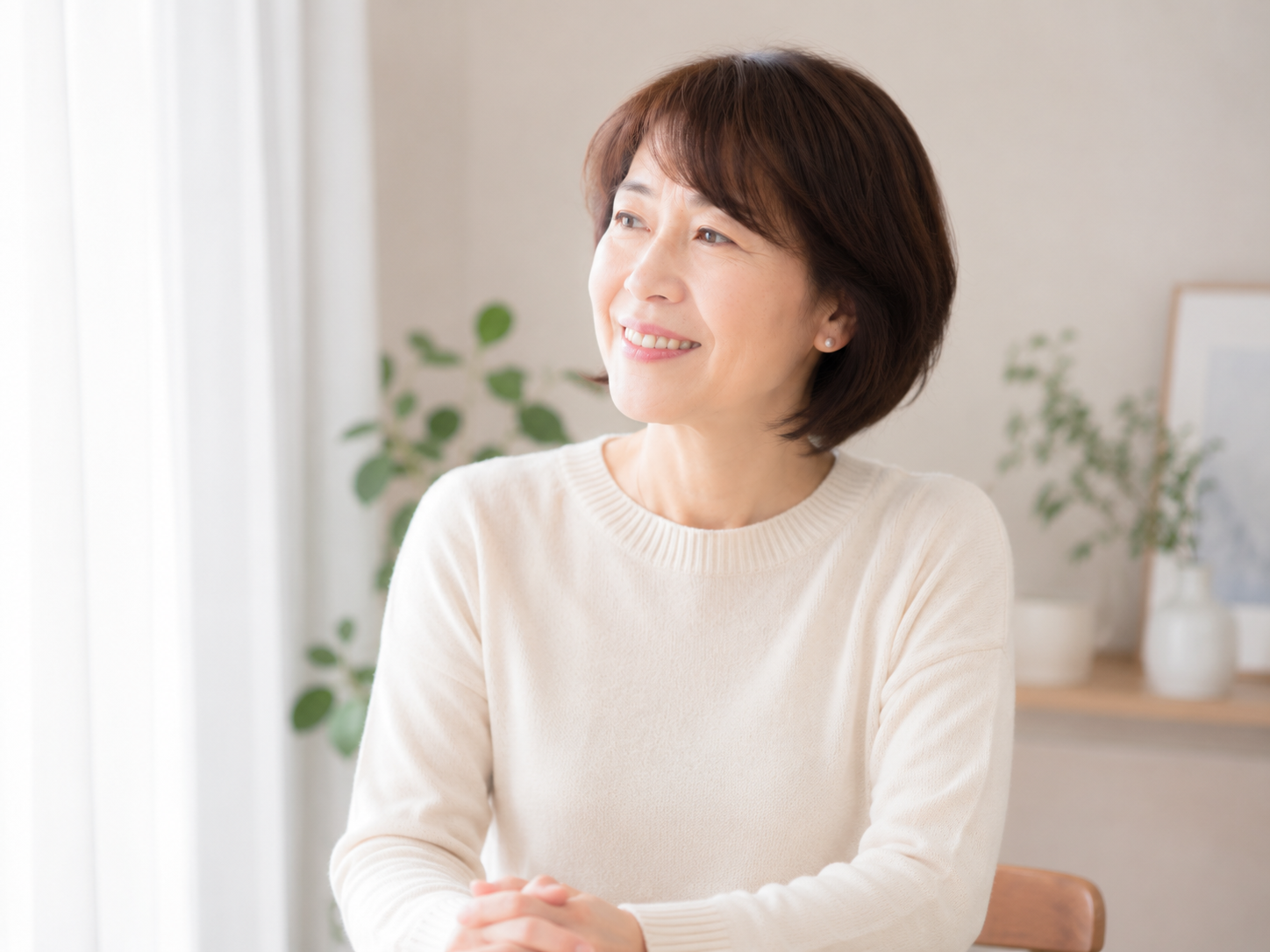明るい表情で前を向く女性