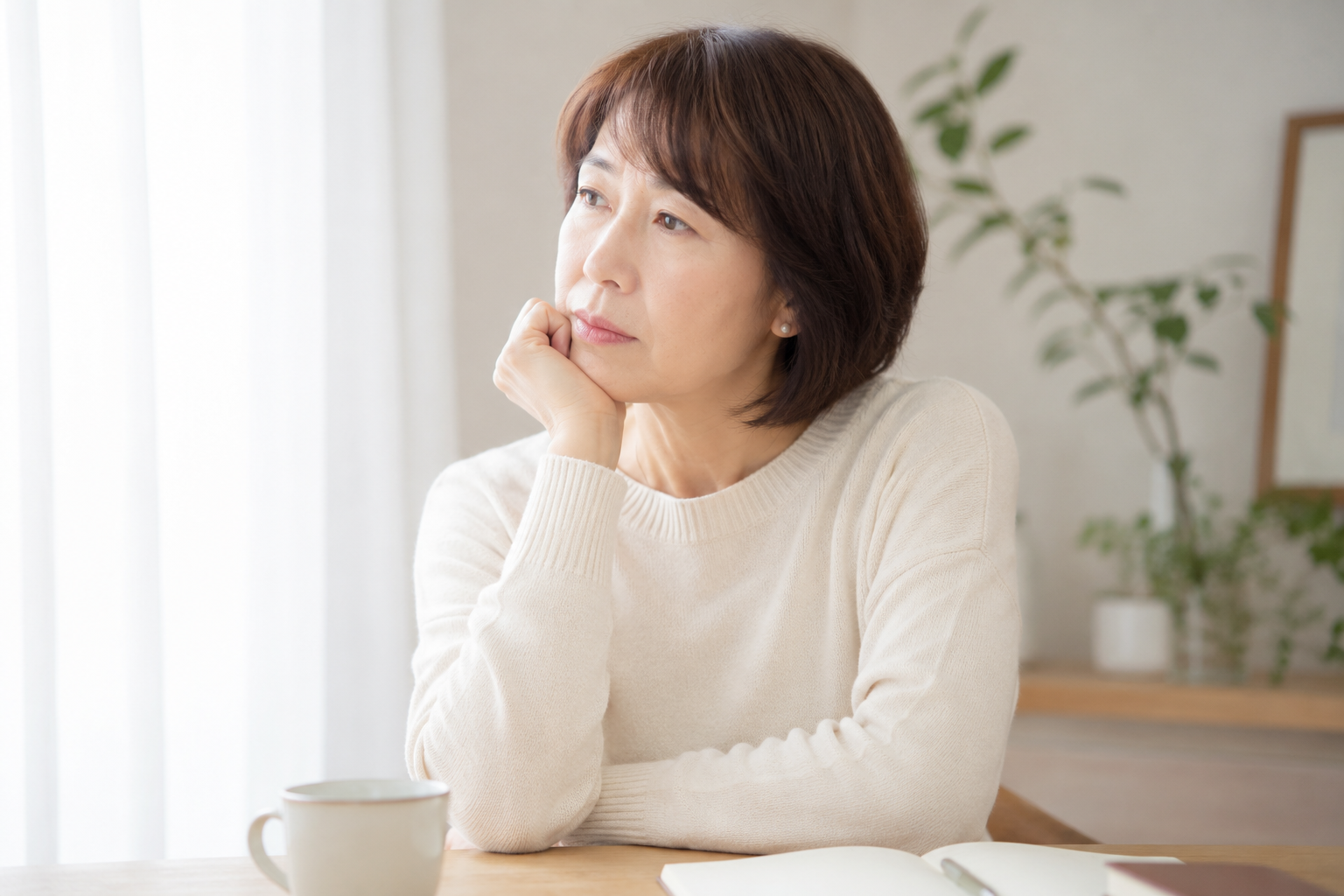 窓辺で考えている女性